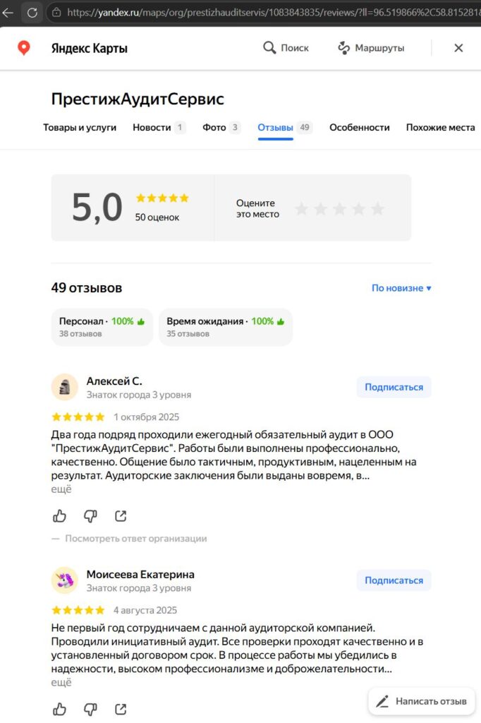 Отзывы об аудиторской компании "ПрестижАудитСервис" на Яндекс. Картах